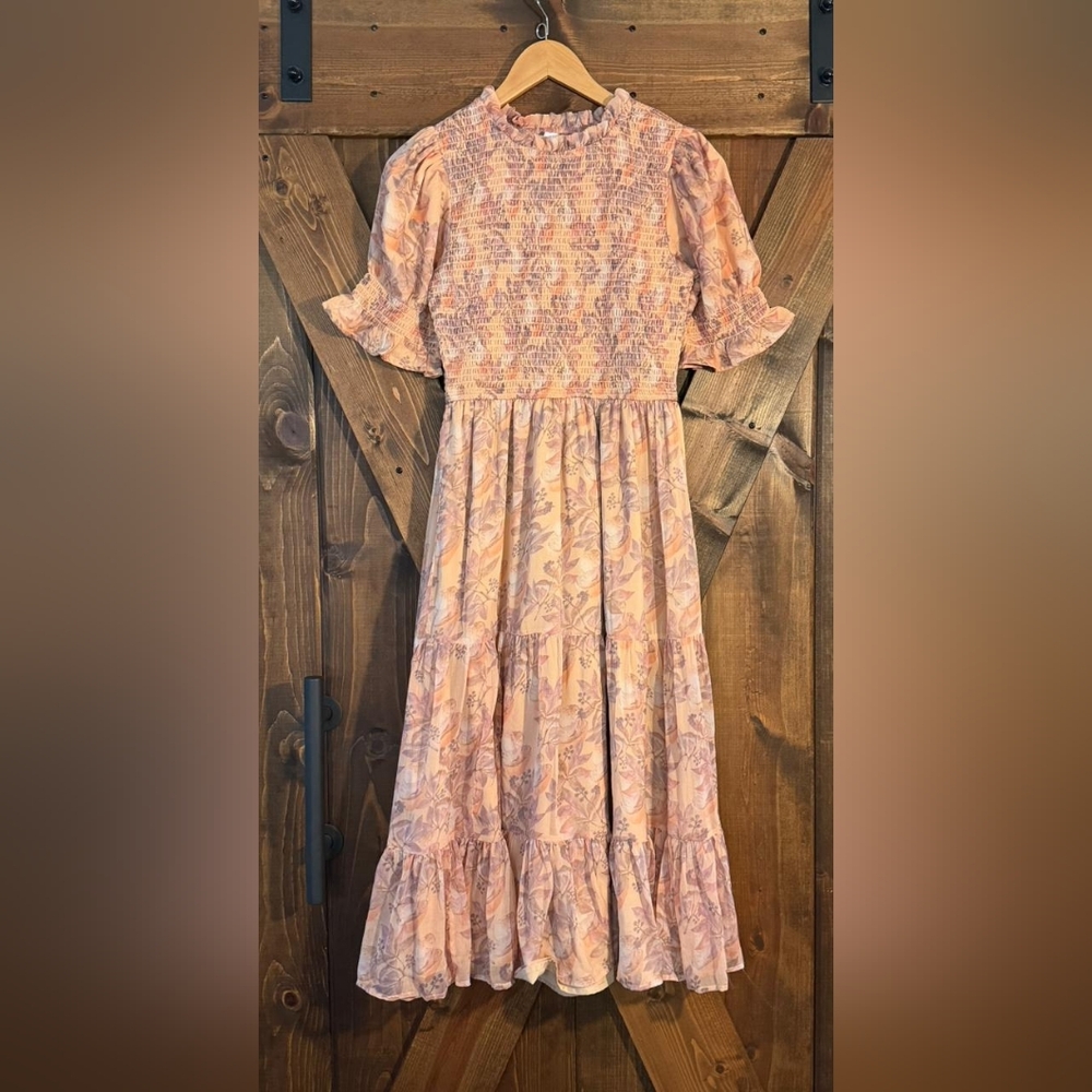 Ivy City Co Peach Purple Smocked Floral Mushroom Print Puff Short Sleeve Dress - Picture 3 of 7
